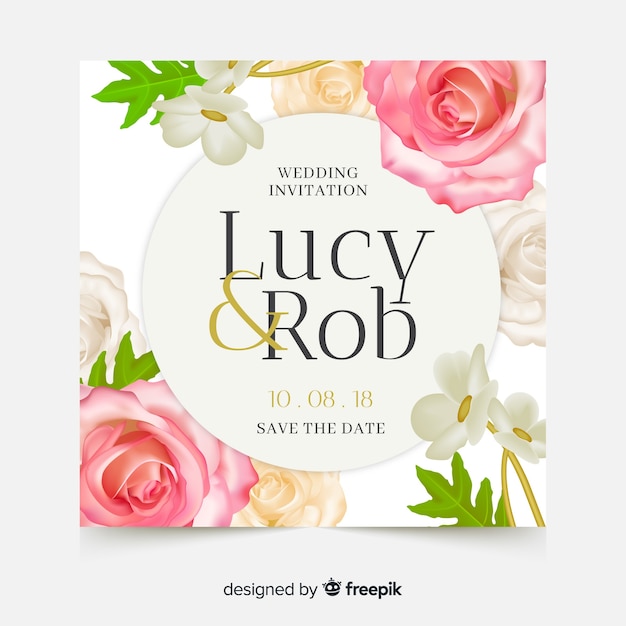 Elegant wedding card template with realistic flowers