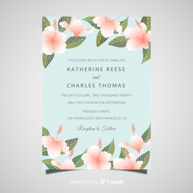 Elegant wedding card template with realistic flowers