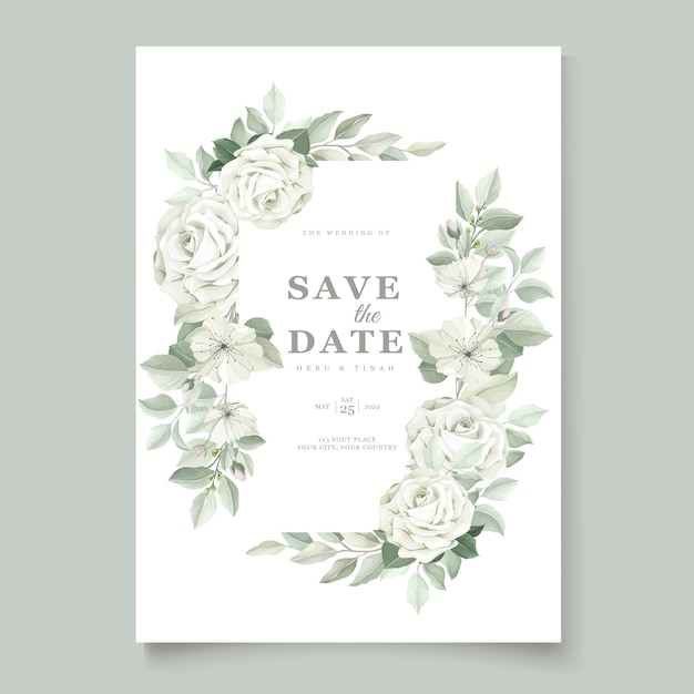 Бесплатное векторное изображение Элегантная свадебная открытка с красивым цветочным шаблоном и листьями