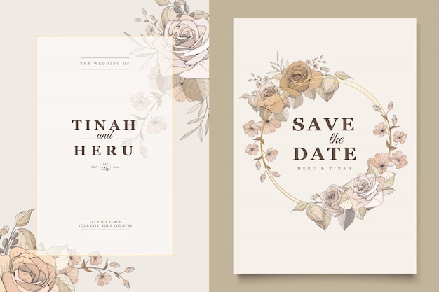 Free vector elegant wedding card with beautiful floral and leaves template