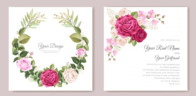 Elegant wedding card with beautiful floral and leaves template