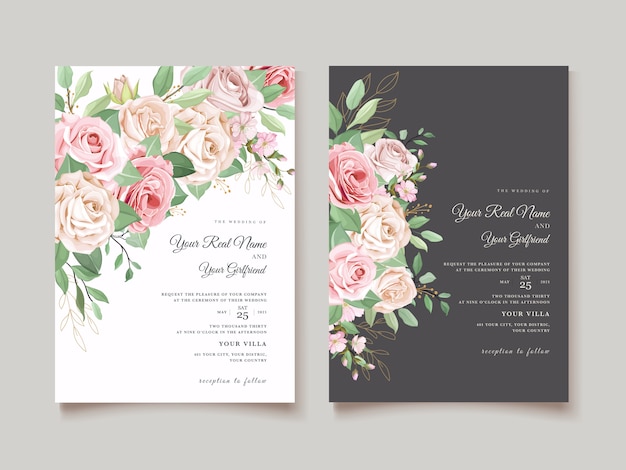 Free vector elegant wedding card with beautiful floral and leaves template