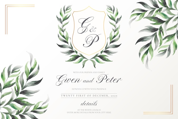 Free vector elegant wedding emblem with watercolor leaves