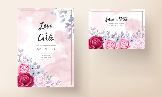 Elegant wedding invitation card set watercolor flower and leaves