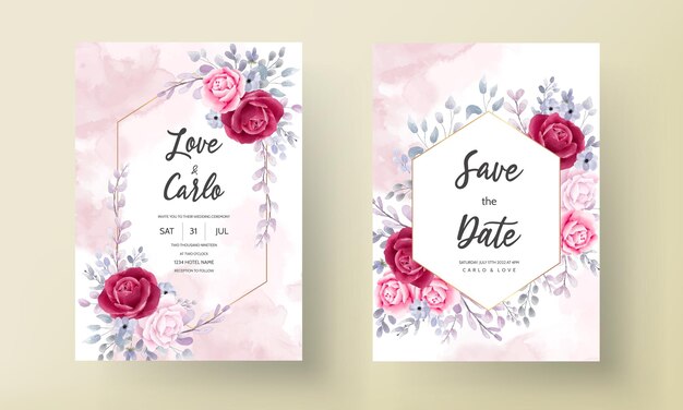 Elegant wedding invitation card set watercolor flower and leaves