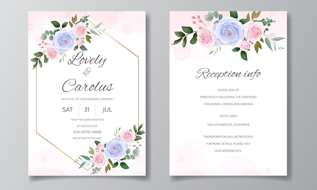美しい​バラ​と​緑​の​葉入り​の​エレガントな​結婚式​の​招待​カード​テンプレート