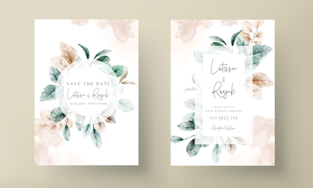 Elegant wedding invitation card watercolor leaves with sage color