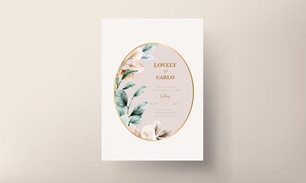 Free vector elegant wedding invitation card watercolor leaves with sage color