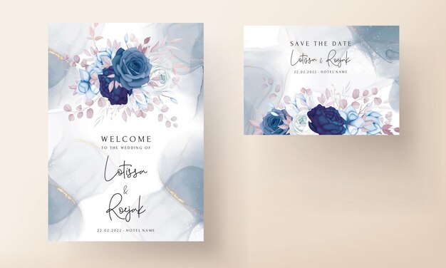美しい青い海軍の花のテンプレートとエレガントな結婚式の招待カード