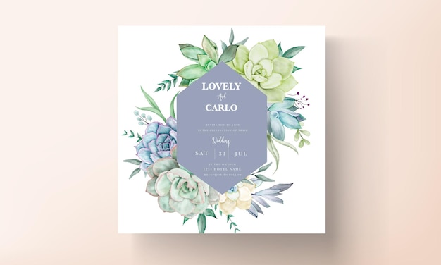 Elegant wedding invitation card with beautiful succulent flower watercolor