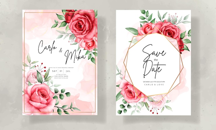 Free Vector elegant wedding invitation card with beautiful watercolor flower