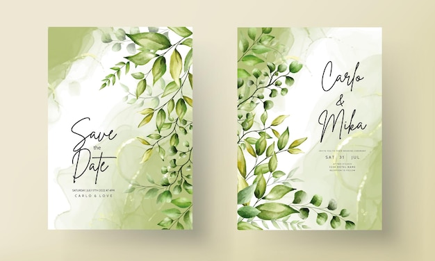 Elegant wedding invitation card with beautiful watercolor leaves