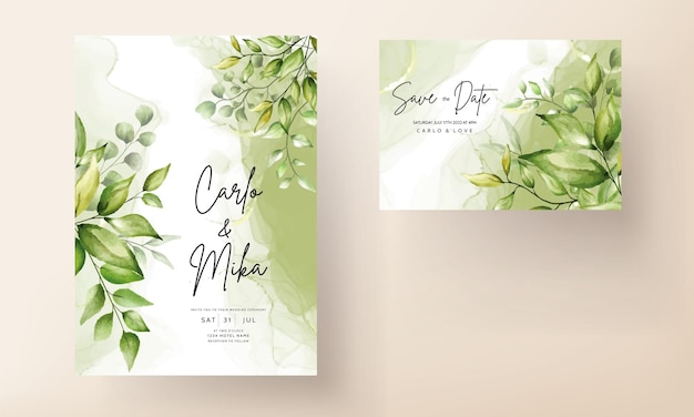 Elegant wedding invitation card with beautiful watercolor leaves