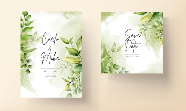 Elegant wedding invitation card with beautiful watercolor leaves