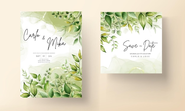 美しい水彩画の葉とエレガントな結婚式の招待カード