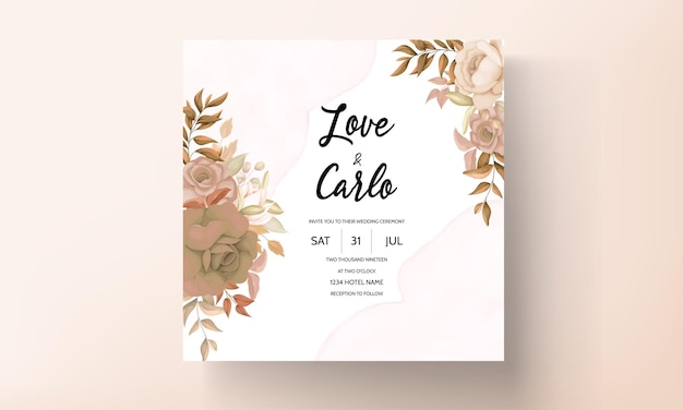 Free vector elegant wedding invitation card with brown floral