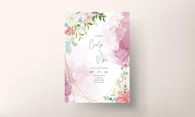 Elegant wedding invitation card with hand drawing soft flower and leaves