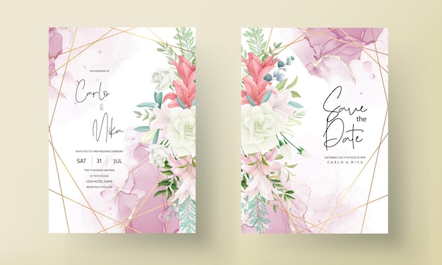 Elegant wedding invitation card with hand drawing soft flower and leaves