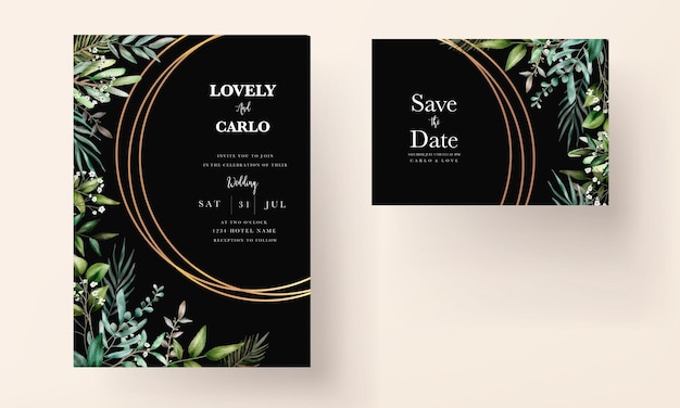 Elegante biglietto d'invito per matrimonio con foglie ad acquerello di disegno a mano