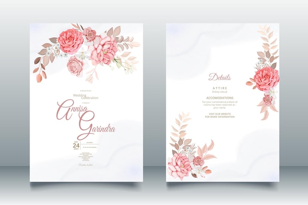 ピンク​と​赤面​の​バラ​の​デザインプレミアムベクトル​と​エレガントな​結婚式​の​招待​カード​の​テンプレート