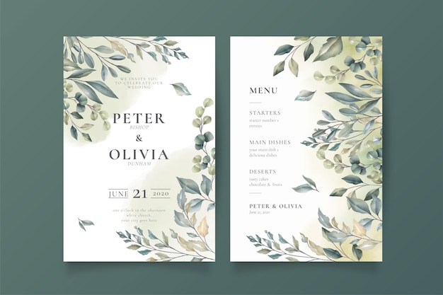 Free vector elegant wedding invitation and menu template