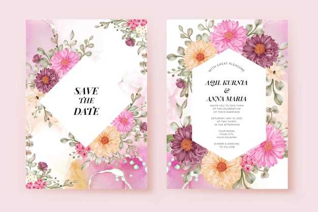 Free vector elegant wedding invitation set daisy flower template