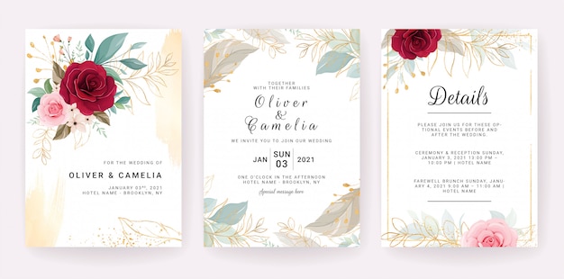 赤​と​桃​の​バラ​の​花​と​金​の​葉​の​エレガントな​結婚式​の​招待状​の​テンプレート​デザイン