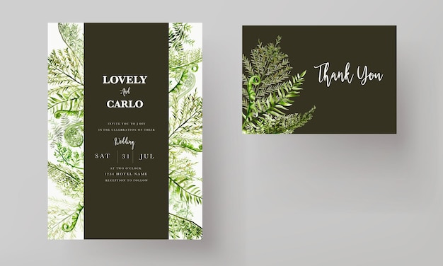 緑の水彩シダの葉とエレガントな結婚式の招待状のテンプレート
