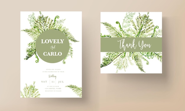 elegant wedding invitation template with greenery watercolor fern leaves