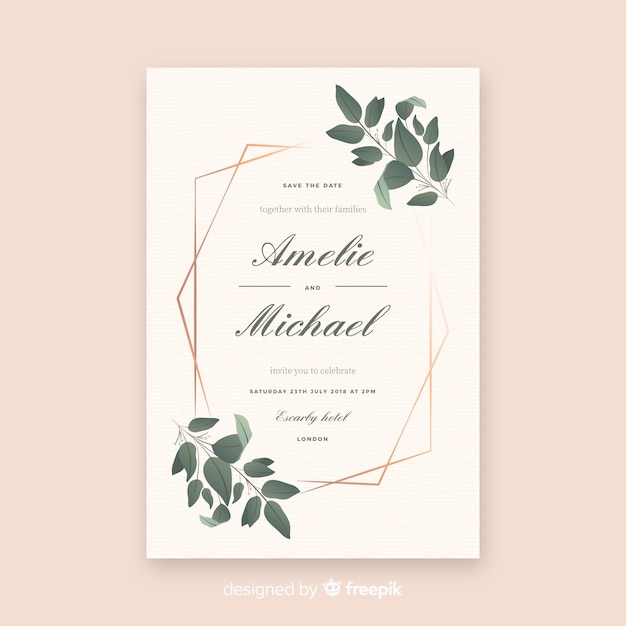 Free vector elegant wedding invitation template with leaves