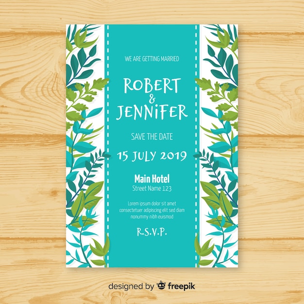 Elegant wedding invitation template with leaves