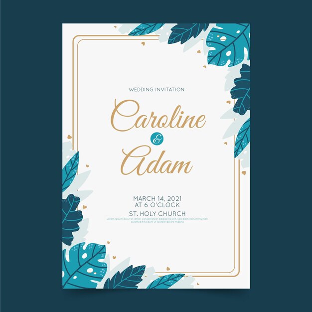 Elegant wedding invitation template with leaves