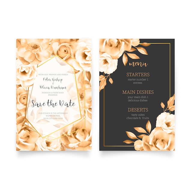 Elegant wedding invitation template with menu