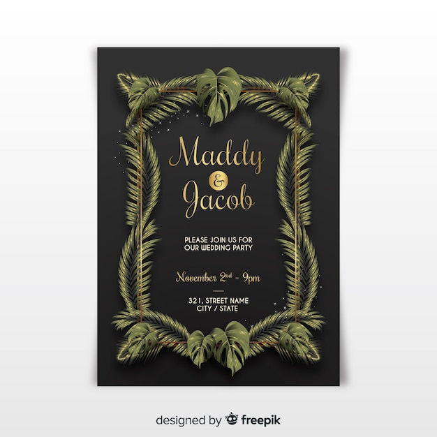 Elegant wedding invitation template with tropical leaves