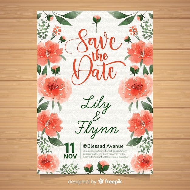 Elegant wedding invitation template with watercolor peony flowers