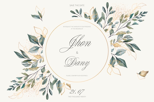 無料ベクター 黄金の葉と緑の葉のエレガントな結婚式の招待状