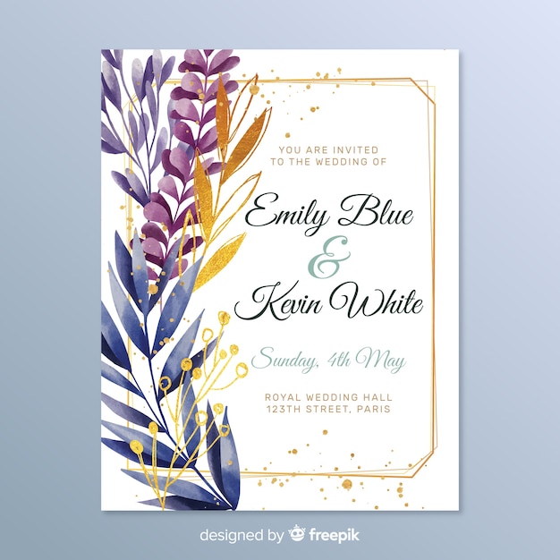 Free vector elegant wedding invitation with leaves