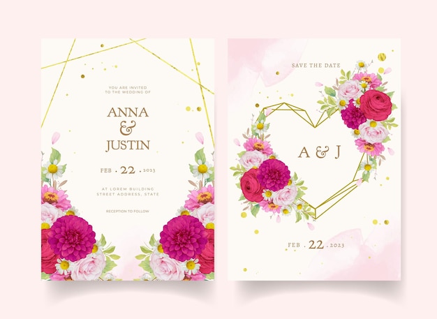 濃いピンクの水彩花とエレガントな結婚式の招待状