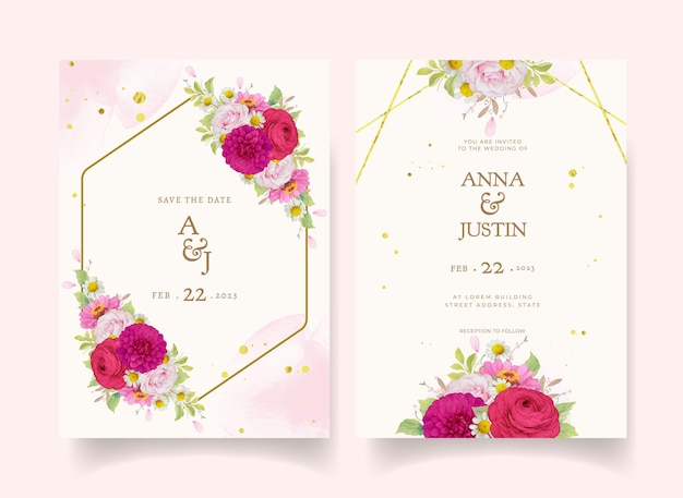 Elegant wedding invitations with dark pink watercolor flowers