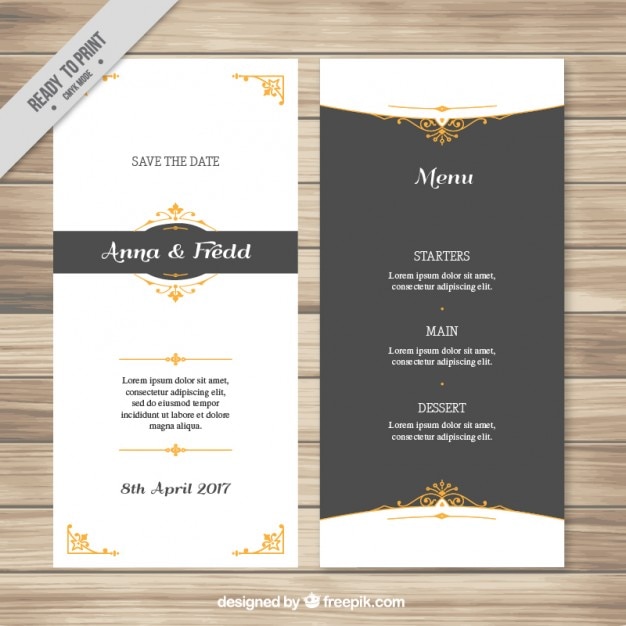 Free vector elegant wedding menu with golden details