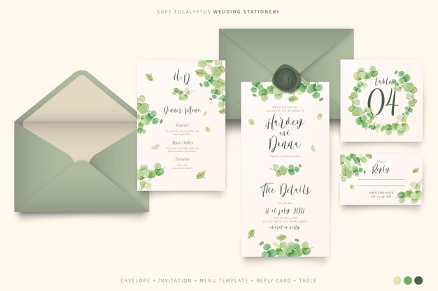elegant wedding stationery with eucalyptus leaves