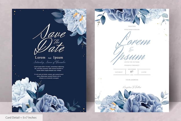 Элегантные свадебные канцелярские принадлежности с темно-синим цветком и листьями Premium векторы