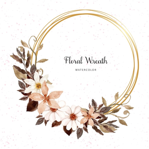 Free vector elegant white and brown watercolor floral wreath with golden frame