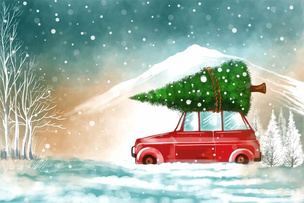 눈 덮인 크리스마스 트리 배경에서 자동차와 우아한 겨울 풍경