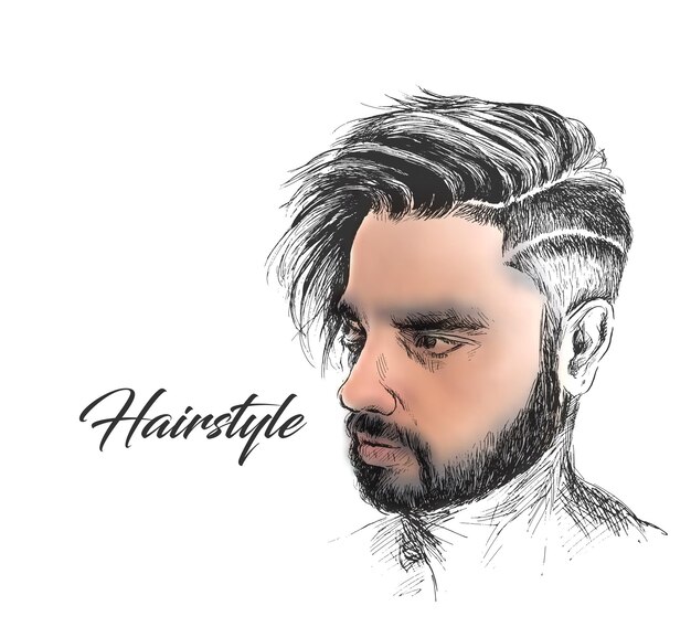 Elegant young handsome man with stylish hair style hair salon Hand Drawn Sketch Vector illustration