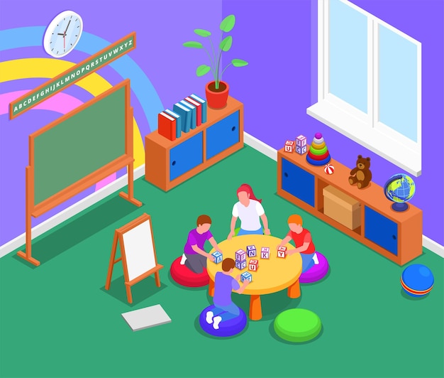 Elementary education background with woman and three children studying english letters with blocks in classroom isometric illustration