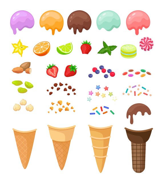 자신의 아이스크림을 만들기 위한 요소입니다. 초콜릿, 딸기, 바닐라, 과일과 딸기가 든 민트 아이스크림, 쿠키 부스러기, 스프링클 만화 삽화 세트. 여름, 순대 개념