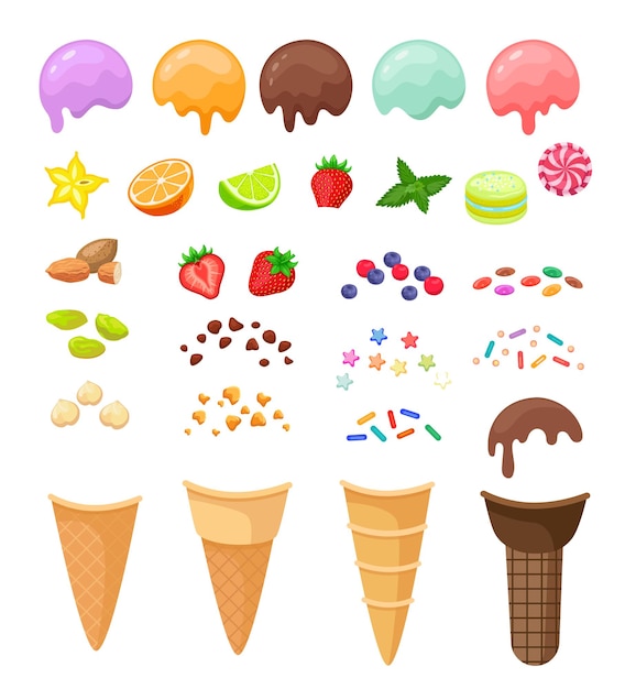 Elements for creating your own ice cream. Chocolate, strawberry, vanilla, mint scoops of ice-cream with fruits and berries, cookie crumbs, sprinkles cartoon illustration set. Summer, sundae concept