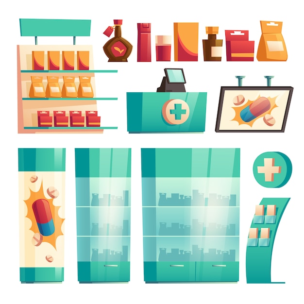 Elements of pharmacy interior, drugstore set