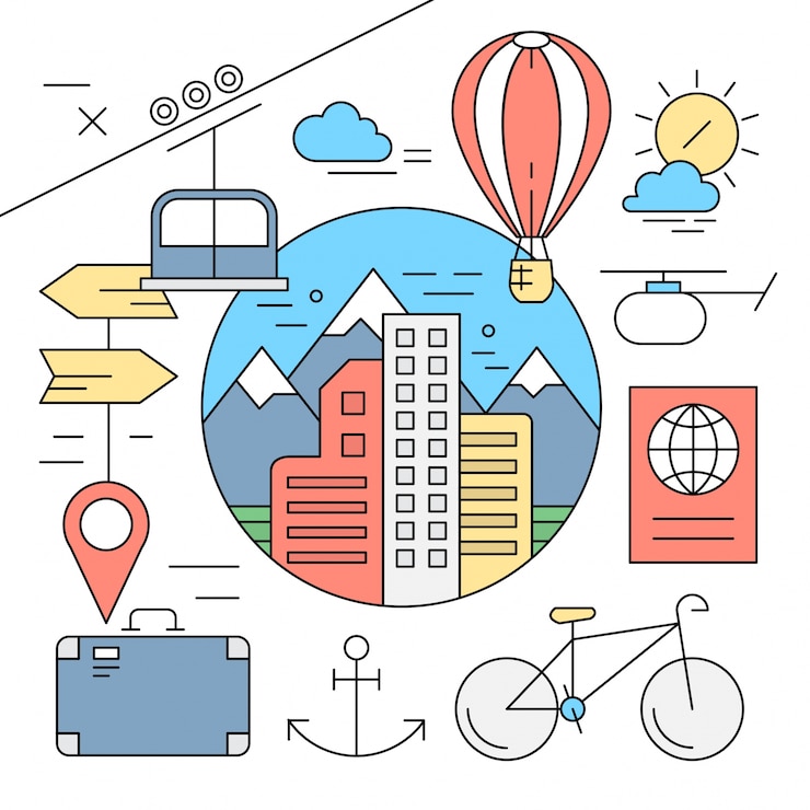 Free Vector elements of travel and city in linear style